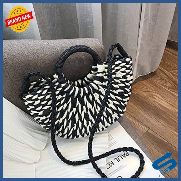 Hand-Woven Straw Tote Bag with Shoulder Strap for Beach Shopping Travel - Picture 2 of 7